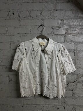 Sézane White Eyelet Cotton Short Sleeve Top